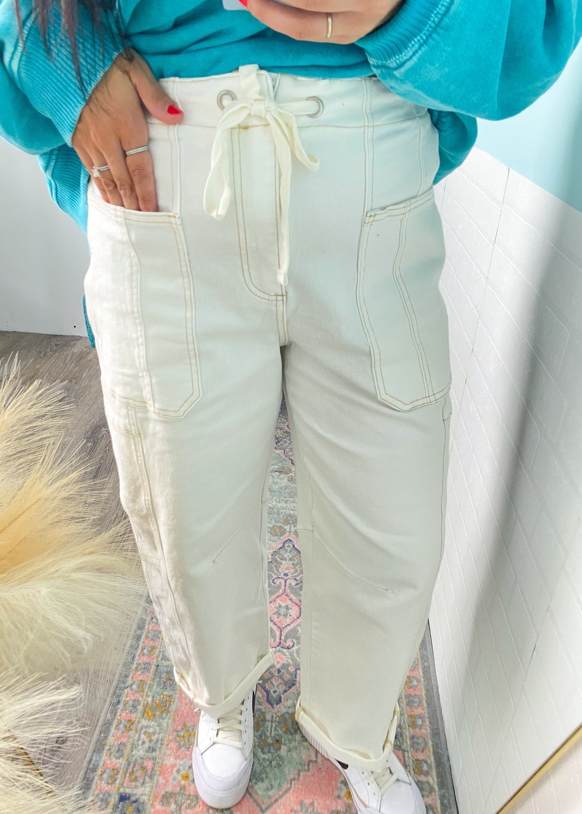 'Mina' Risen Cream Tie Front Slouchy Tapered Oversized Jeans - Cali Moon Boutique