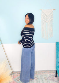 'Against the Tide' Black and Ivory Stripe Off the Shoulder Knit Top - Cali Moon Boutique