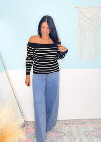 'Against the Tide' Black and Ivory Stripe Off the Shoulder Knit Top - Cali Moon Boutique