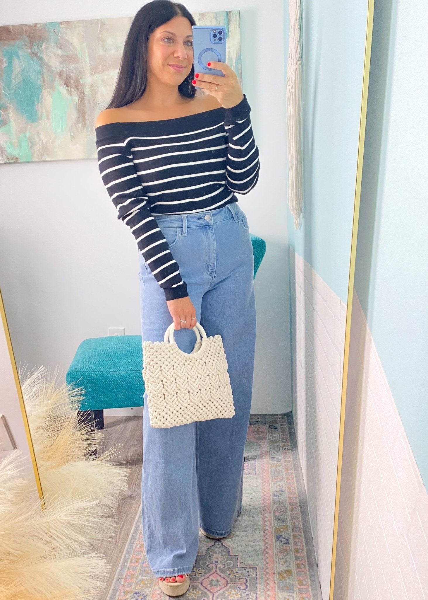 'Against the Tide' Black and Ivory Stripe Off the Shoulder Knit Top - Cali Moon Boutique