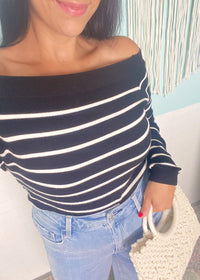 'Against the Tide' Black and Ivory Stripe Off the Shoulder Knit Top - Cali Moon Boutique