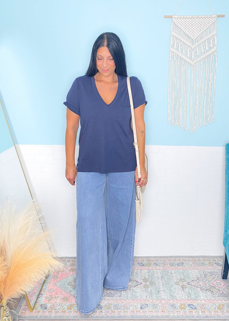 'Sail Away' Navy Blue Slouchy V - Neck Tee Shirt - Cali Moon Boutique