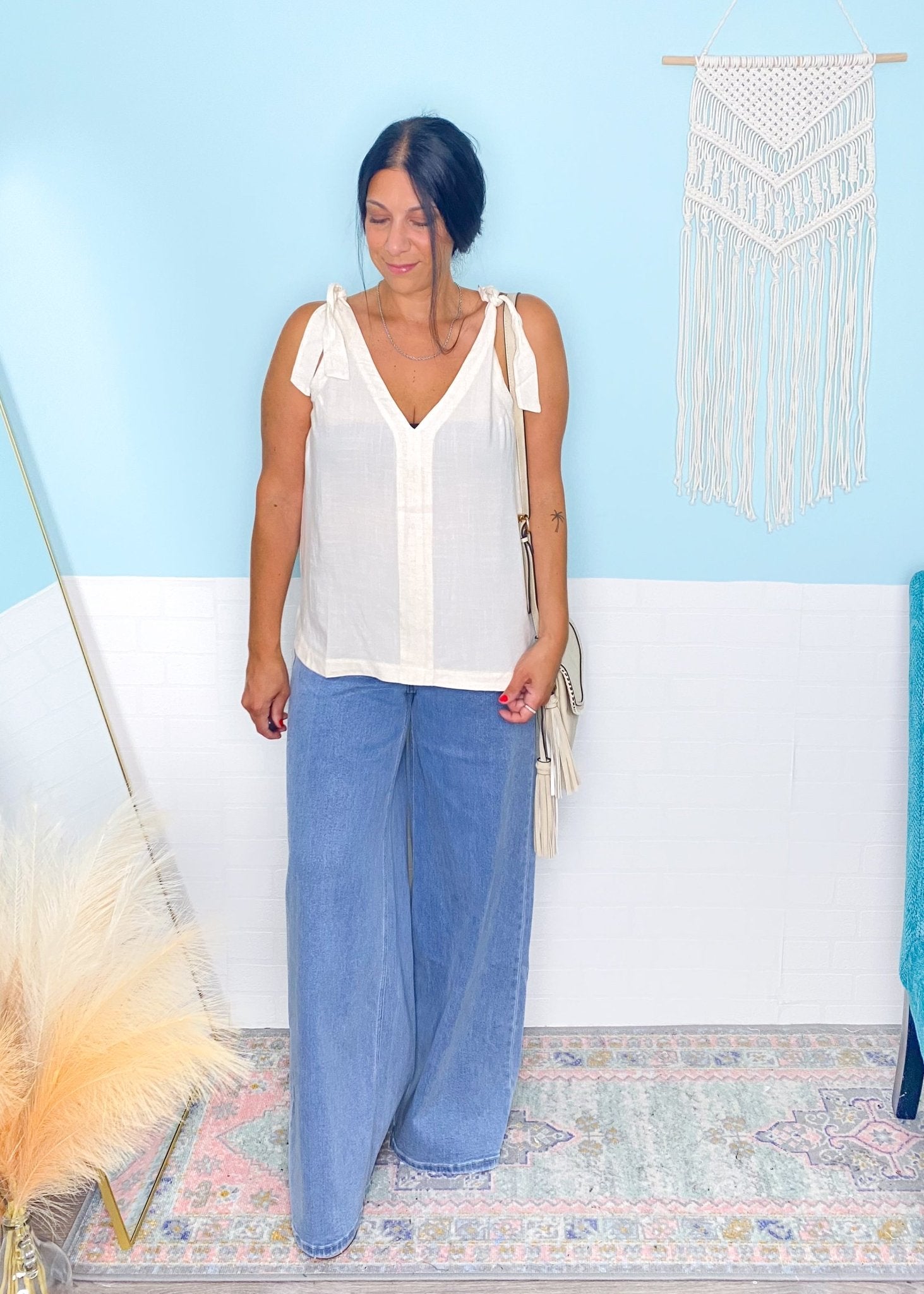 'Coastal Breeze' Oatmeal Tie Strap Linen Top with Button Up Back - Cali Moon Boutique