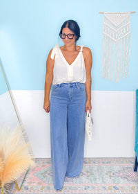 'Coastal Breeze' Oatmeal Tie Strap Linen Top with Button Up Back - Cali Moon Boutique