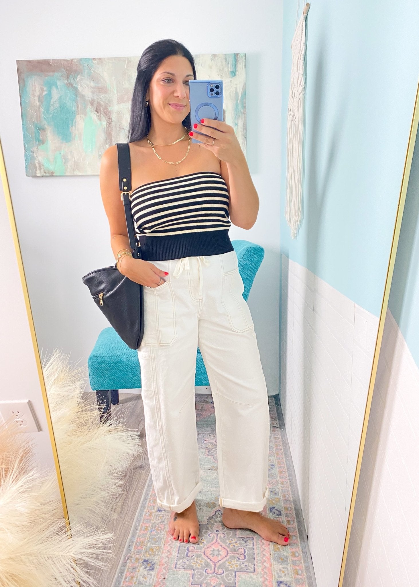 'The Coastline' Black and Cream Stripe Ribbed Knit Tube Top - Cali Moon Boutique