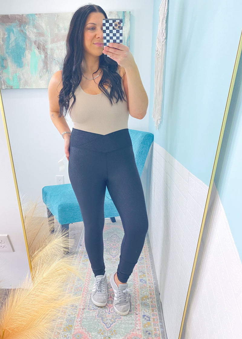 'City Lights' Black Crossover Waist Faux Textured Leggings-Cali Moon Boutique, Plainville Connecticut