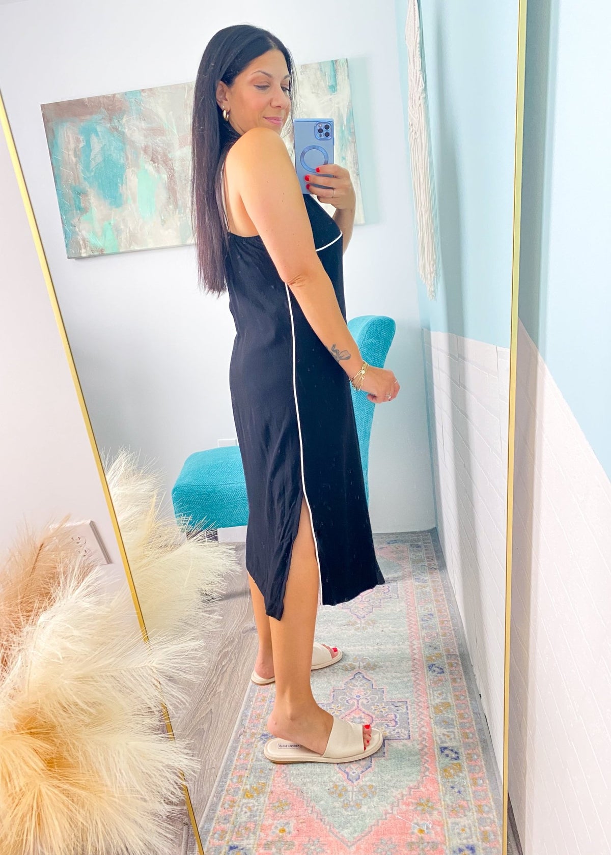 'Monterey' Black Linen Midi Cami Dress with White Contrast - Cali Moon Boutique