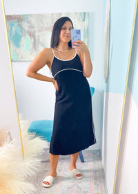'Monterey' Black Linen Midi Cami Dress with White Contrast - Cali Moon Boutique