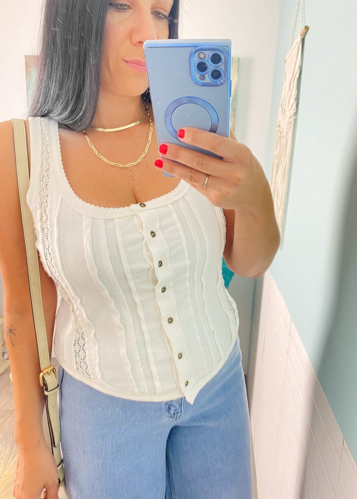 'Salt Air' Ivory Corset Style Soft Knit Crochet Trim Tank - Cali Moon Boutique