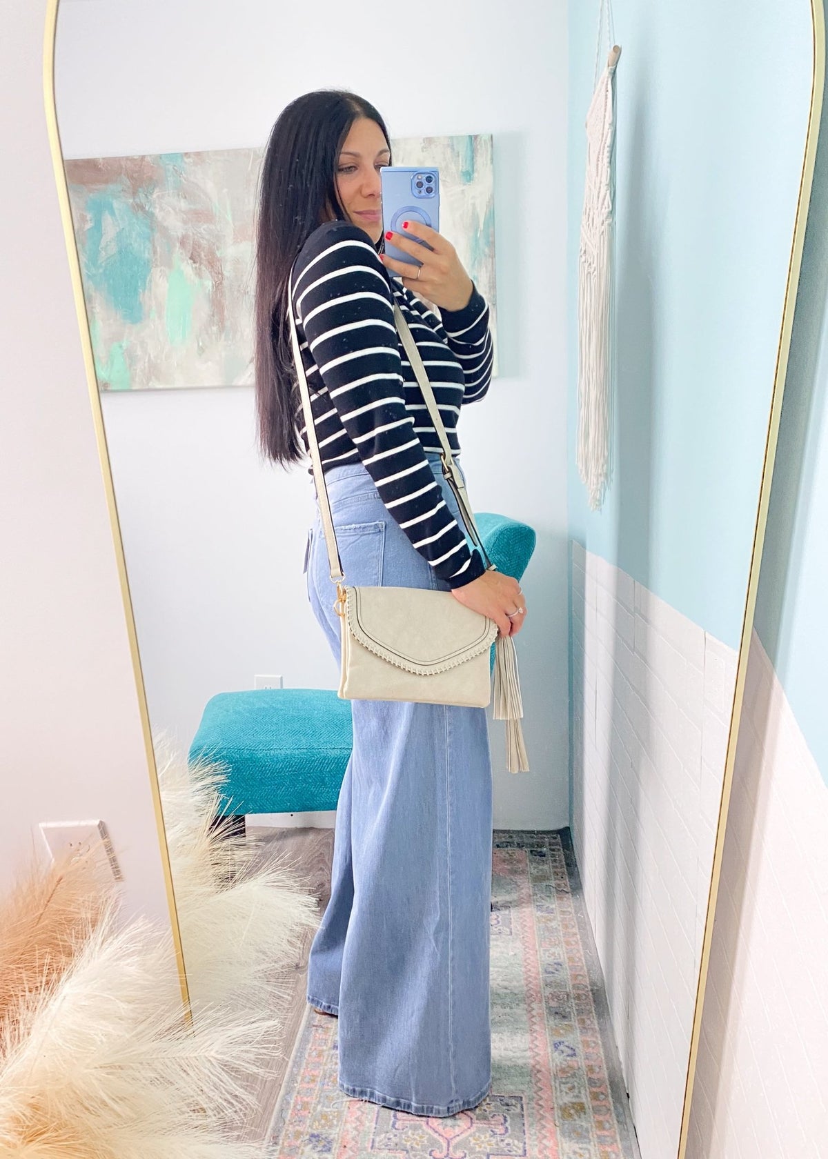 'Sloane' Greige Flapover Faux Leather Crossbody with Stitching - Cali Moon Boutique