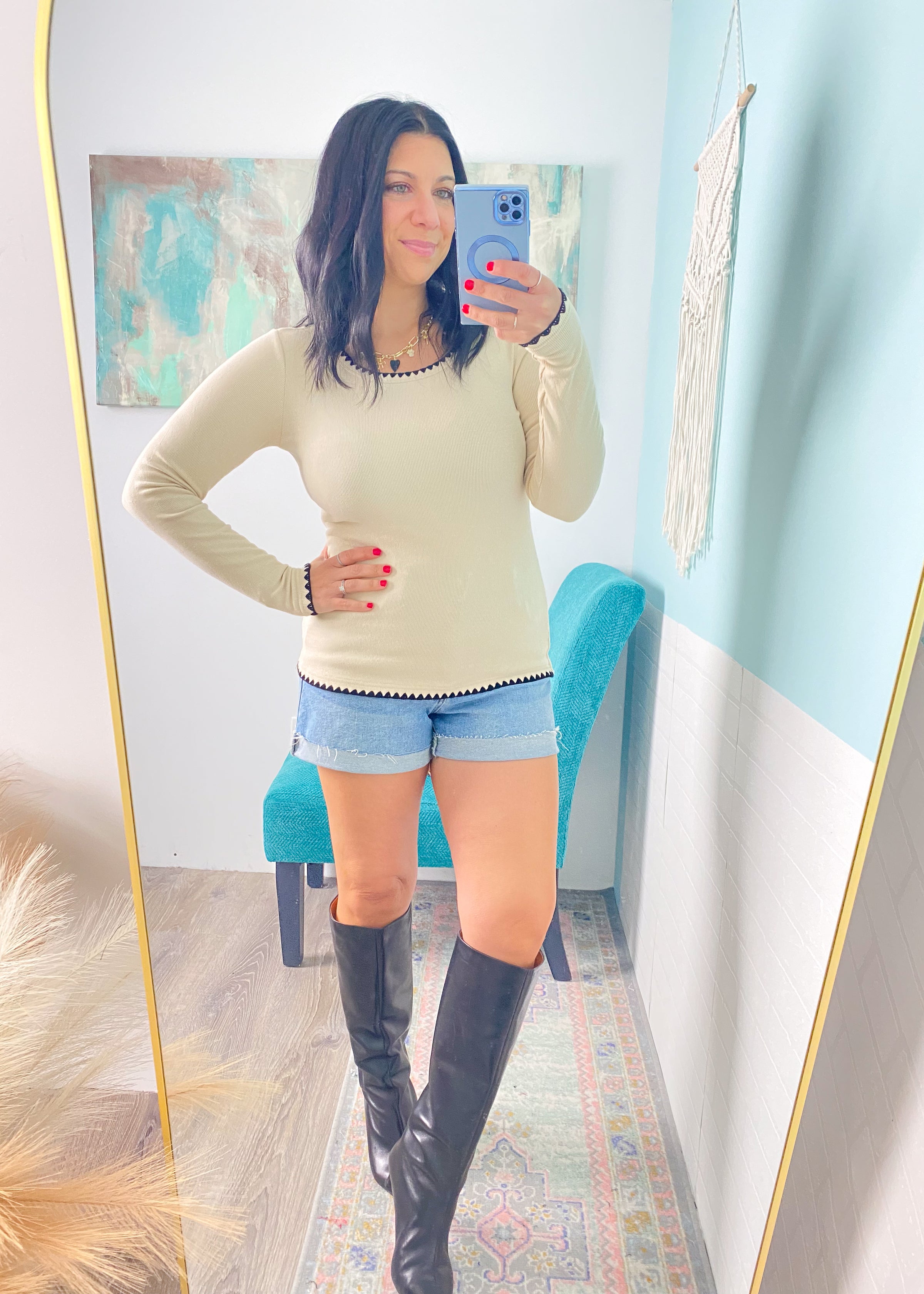 'Easy Does It' Oatmeal Soft Knit with Stitch Trims