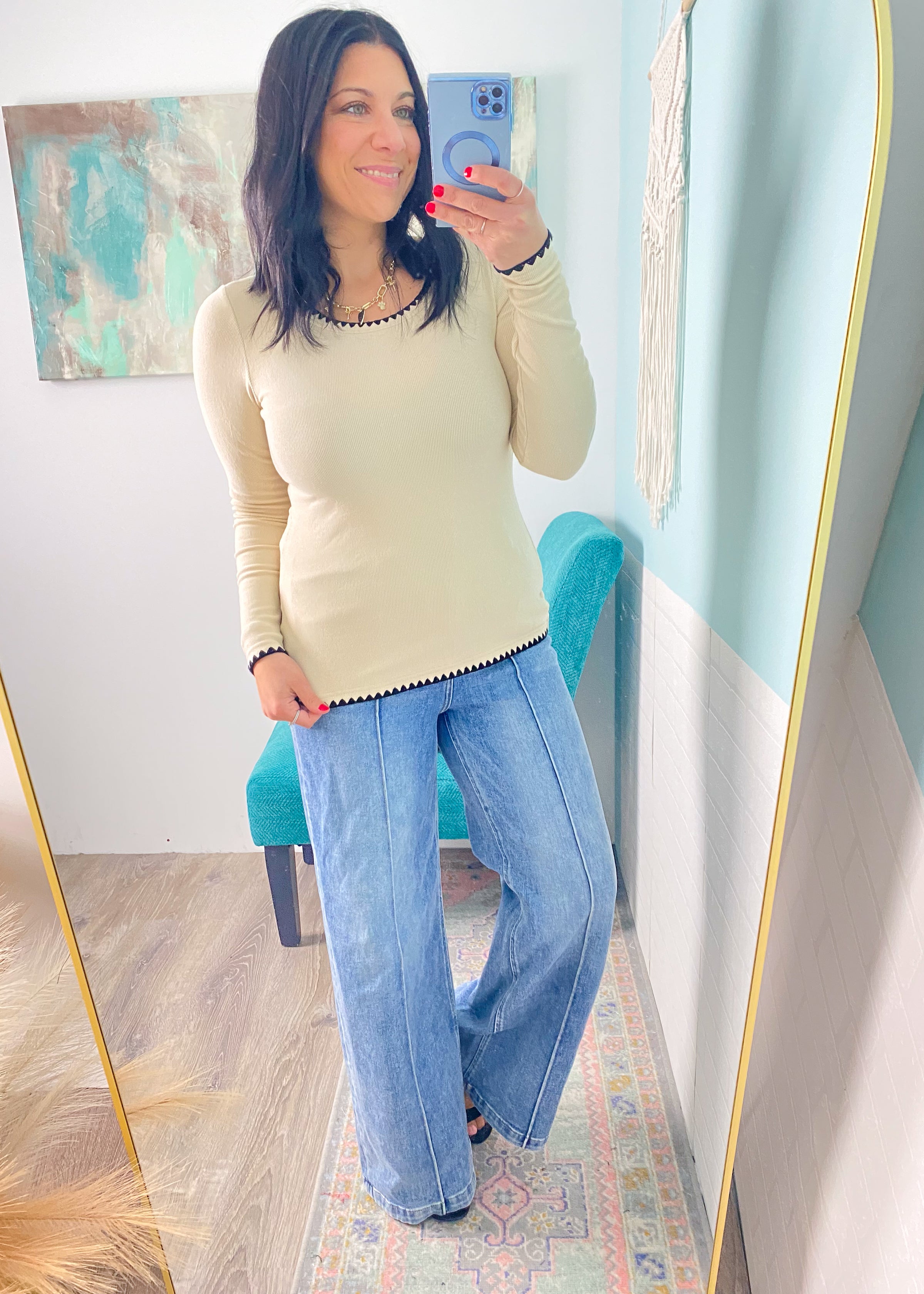 'Easy Does It' Oatmeal Soft Knit with Stitch Trims