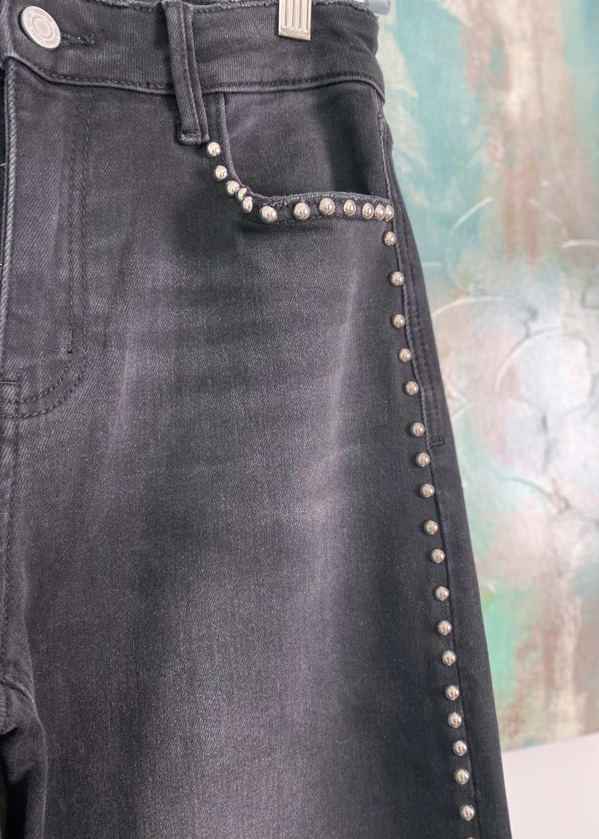 'Rebel Noir' Vervet High Rise Washed Black Studded Wide Leg Jeans - Cali Moon Boutique