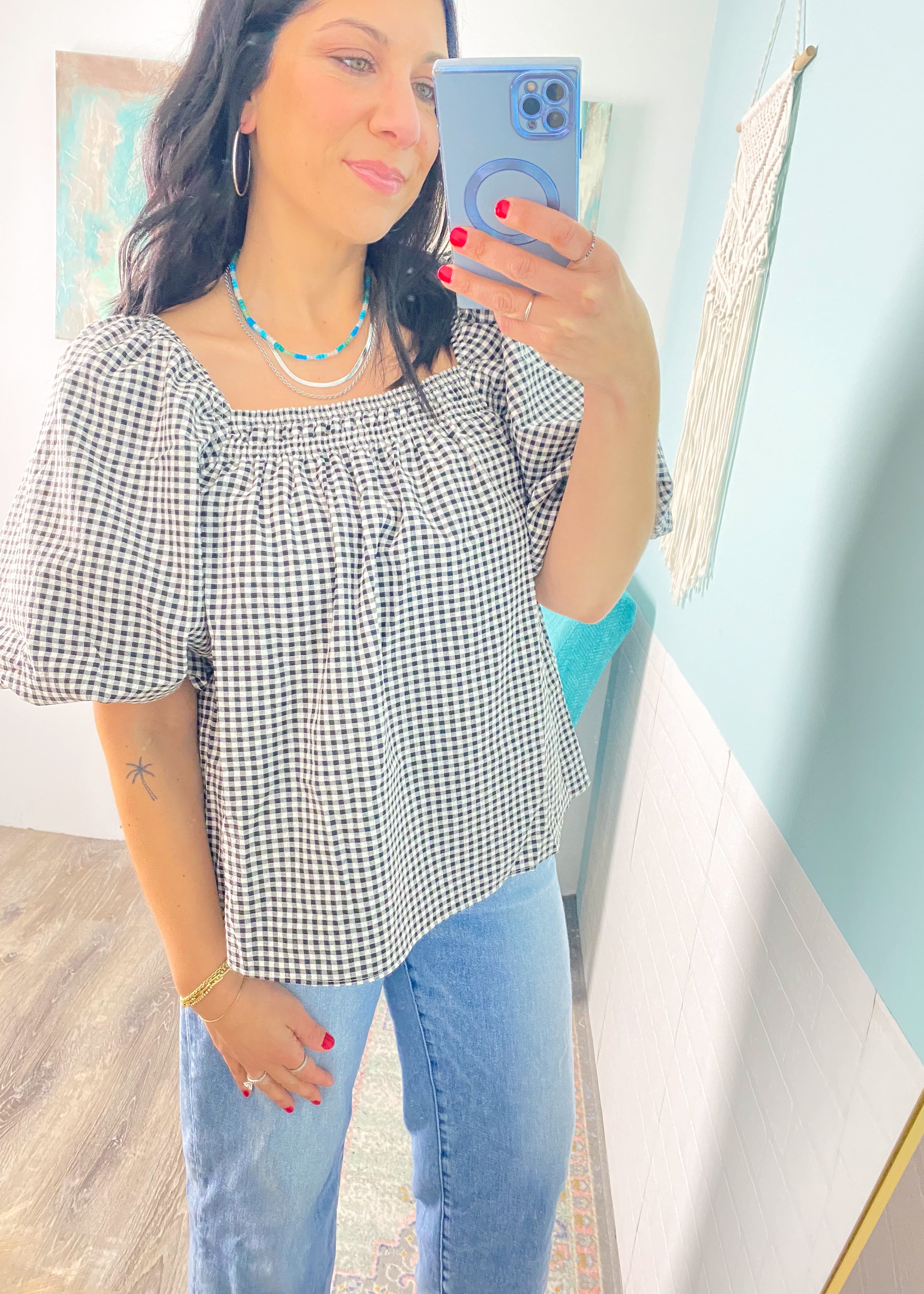 'So Dramatic' Gingham Bubble Sleeve Top