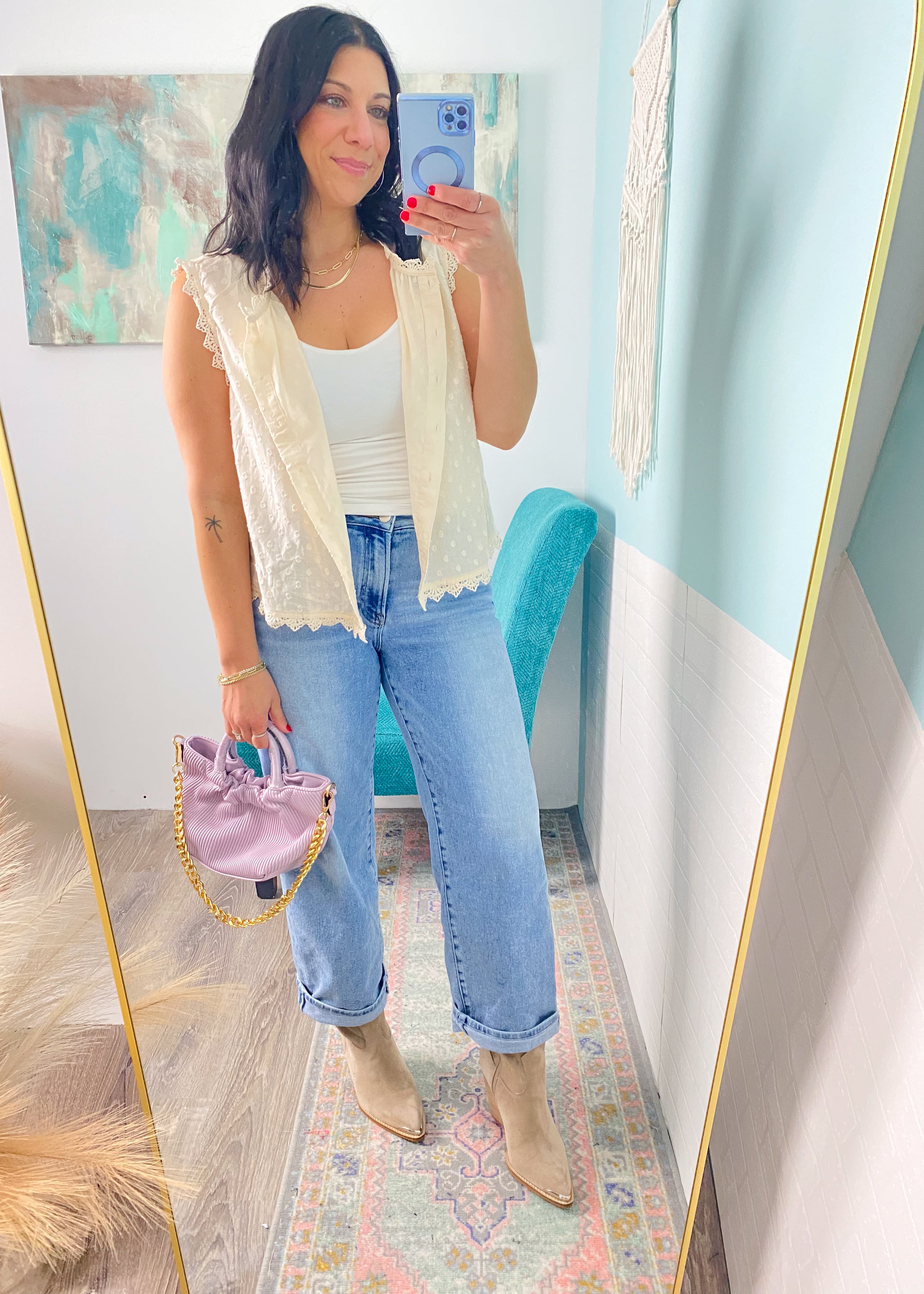 'Dream On' Cream Swiss Dot Lace Trim Top
