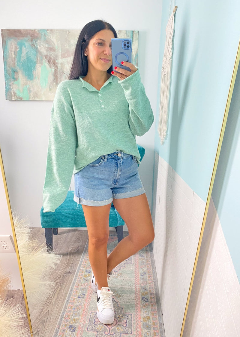 'Penelope' Seafoam Henley Soft Sweater with Rolled Collar - Cali Moon Boutique