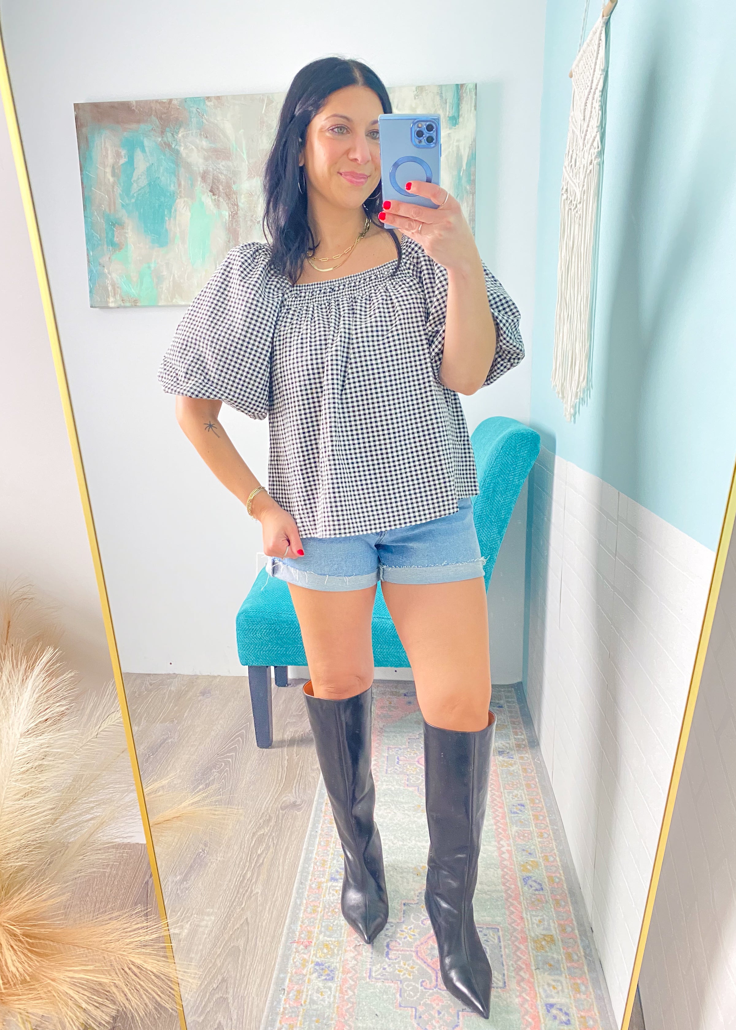 'So Dramatic' Gingham Bubble Sleeve Top