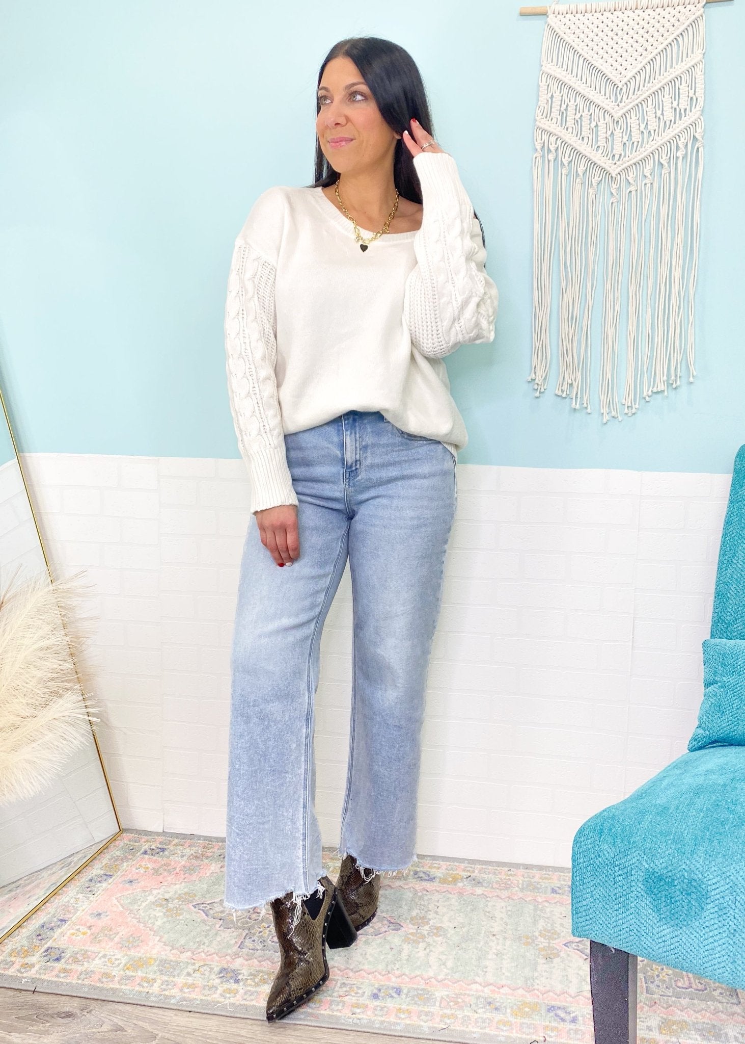 'Calista' Vervet High Waist Slim Wide Comfort Stretch Ankle Length Jeans - Cali Moon Boutique