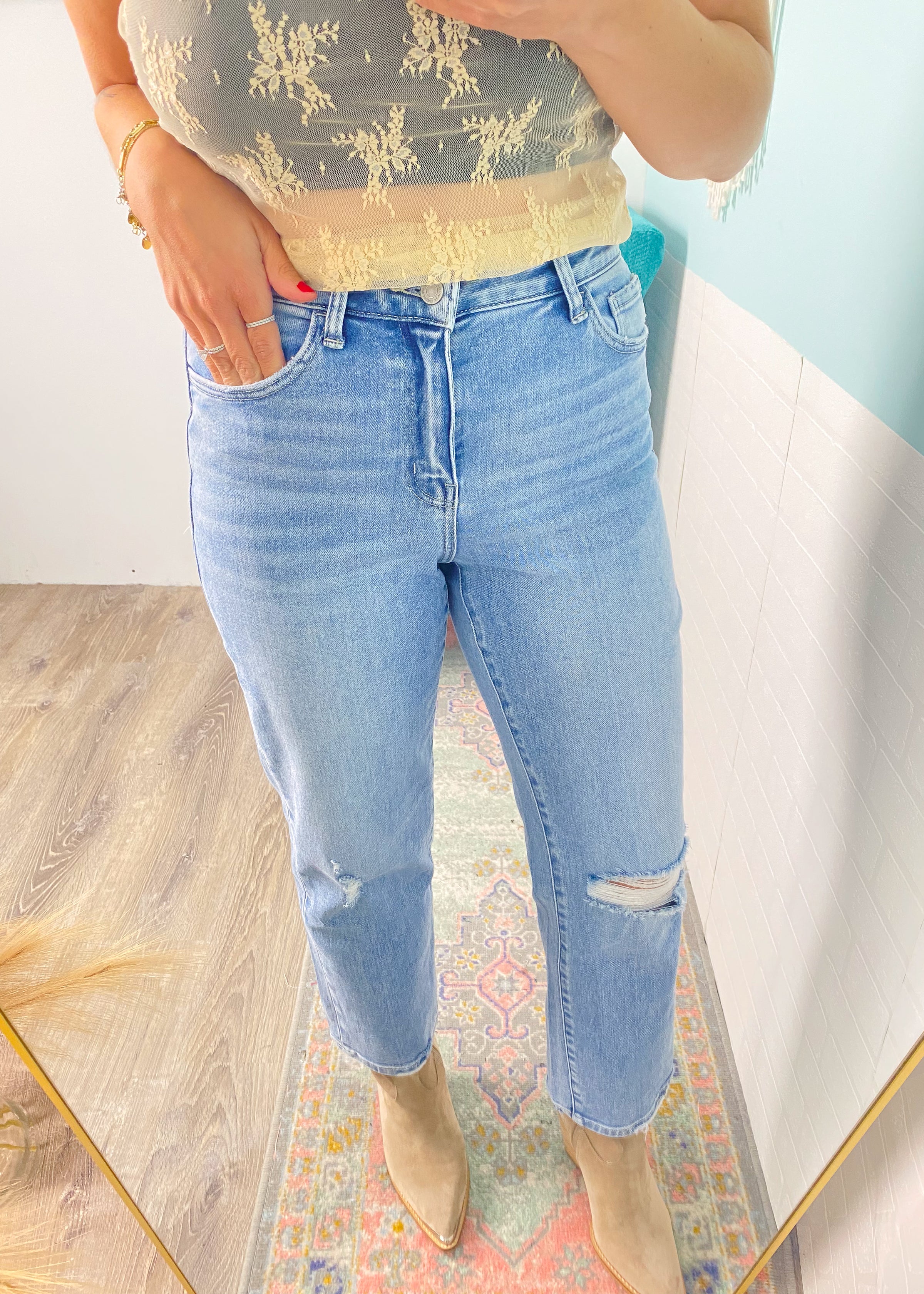 'Alexandra' Vervet High Rise Distressed Ankle Straight Jeans