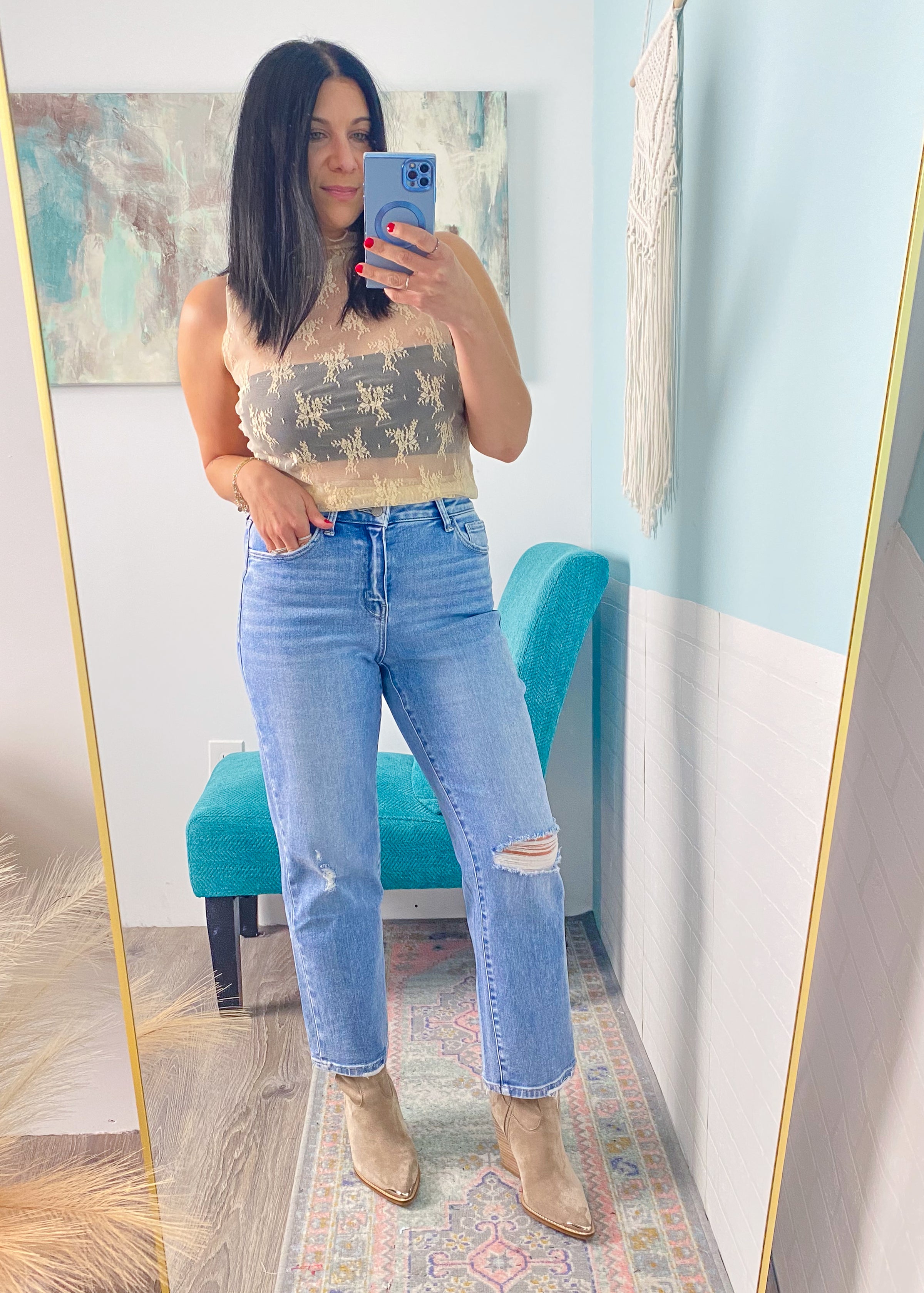 'Alexandra' Vervet High Rise Distressed Ankle Straight Jeans