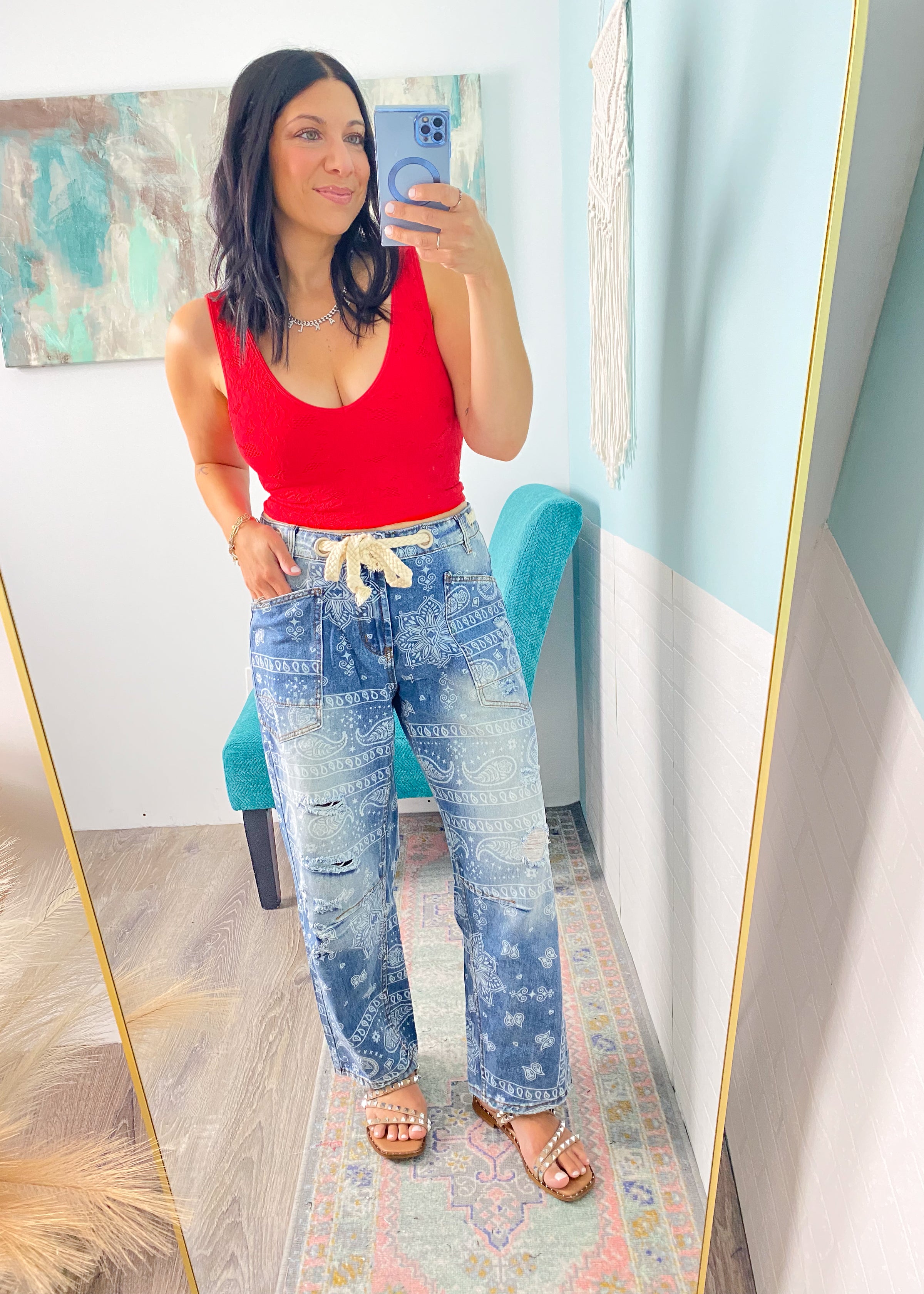 'Poppy' Paisley Printed Drawstring Jeans