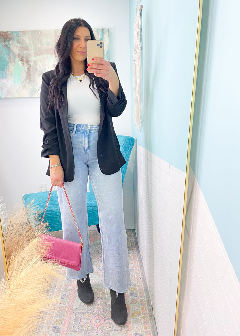 'Dream Date' Black Ruched Sleeve Blazer-Chic, comfortable and functional! Wear this classic blazer all year paired with any shade of denim, white jeans, shorts, linen pants and more. Add a neutral color or another pop color top underneath.-Cali Moon Boutique, Plainville Connecticut