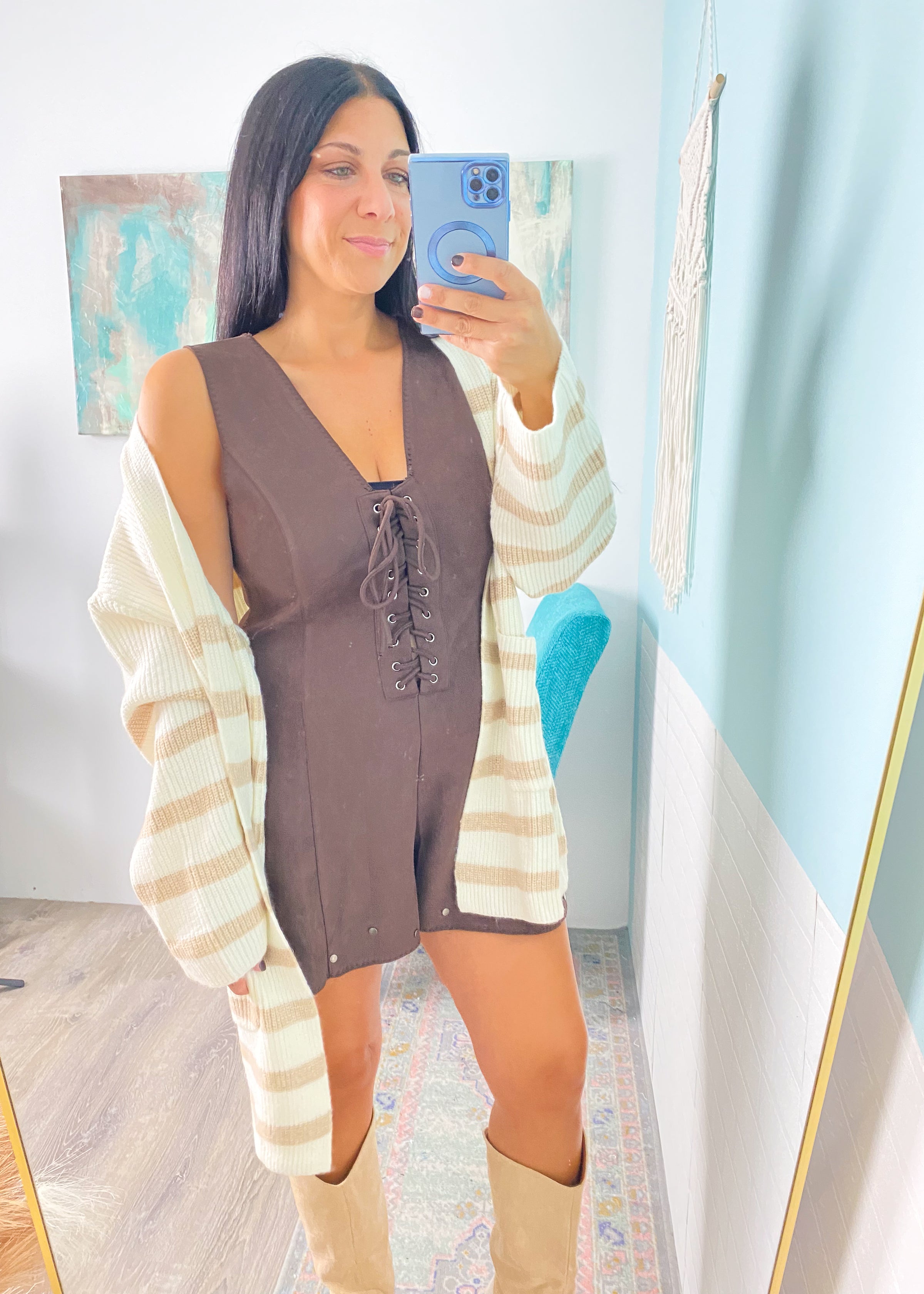  Ivory/Taupe Striped Oversized Cardigan