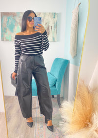 'Against the Tide' Black and Ivory Stripe Off the Shoulder Knit Top