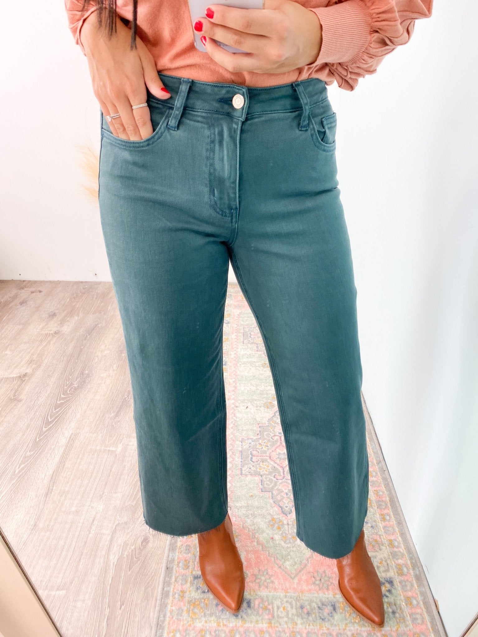 'Autumn' Vervet Balsam Green Wide Leg Cropped Jeans - Cali Moon Boutique