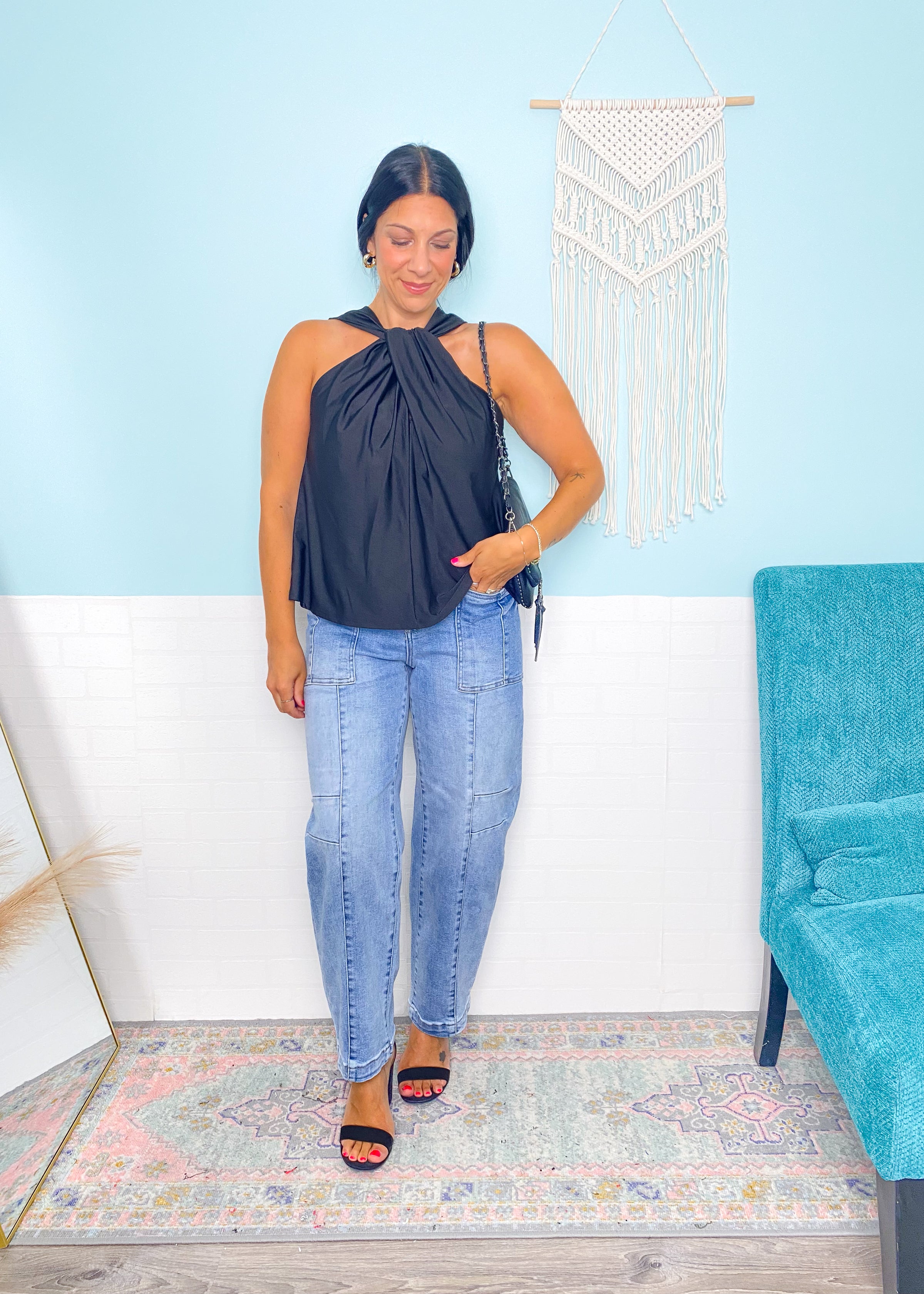 'The All Nighter' Black Convertible Halter/One Shoulder Top