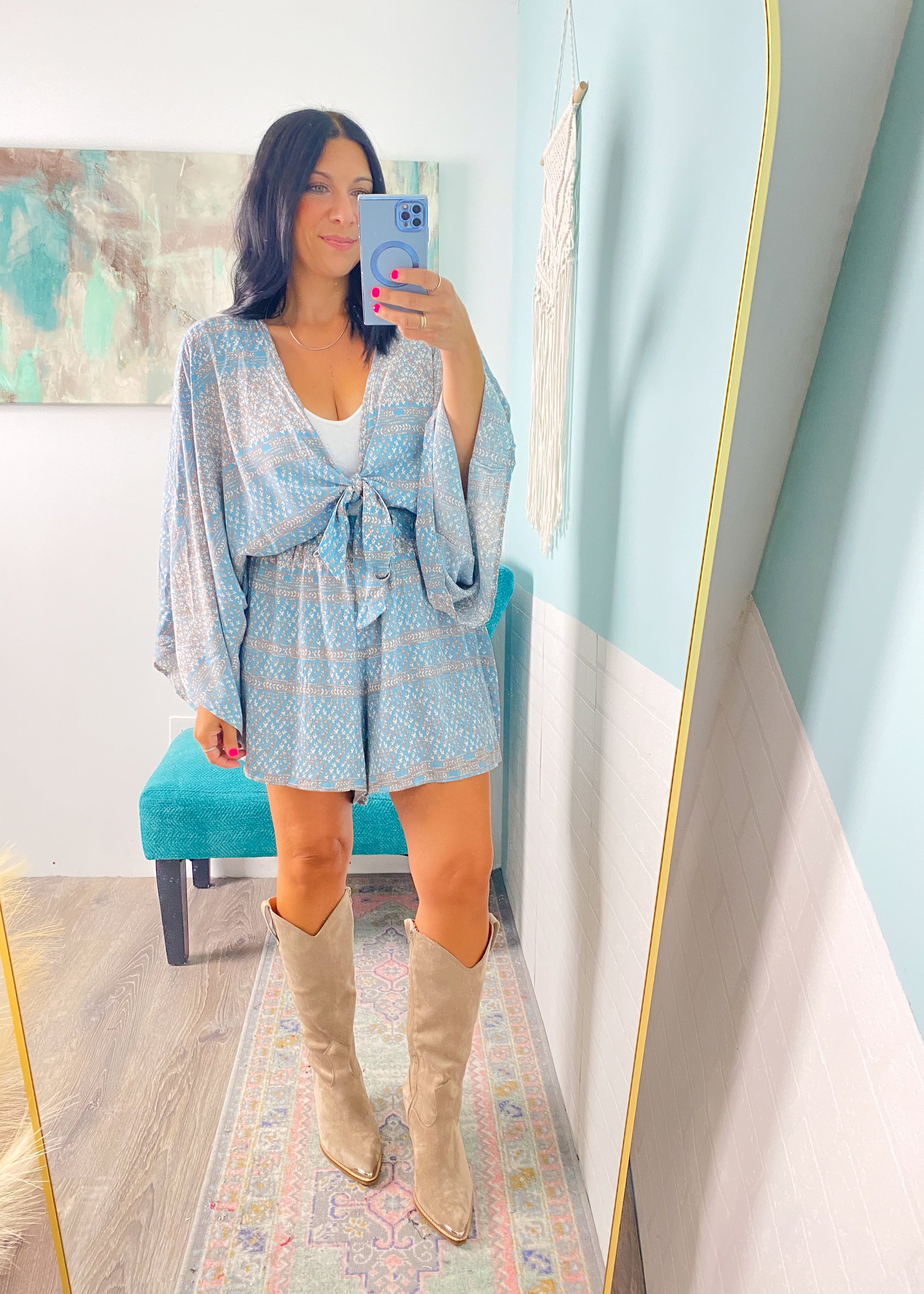 'Coastal Escape' Blue Boho Print Kimono Romper