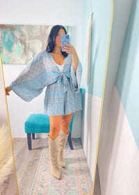 'Coastal Escape' Blue Boho Print Kimono Romper