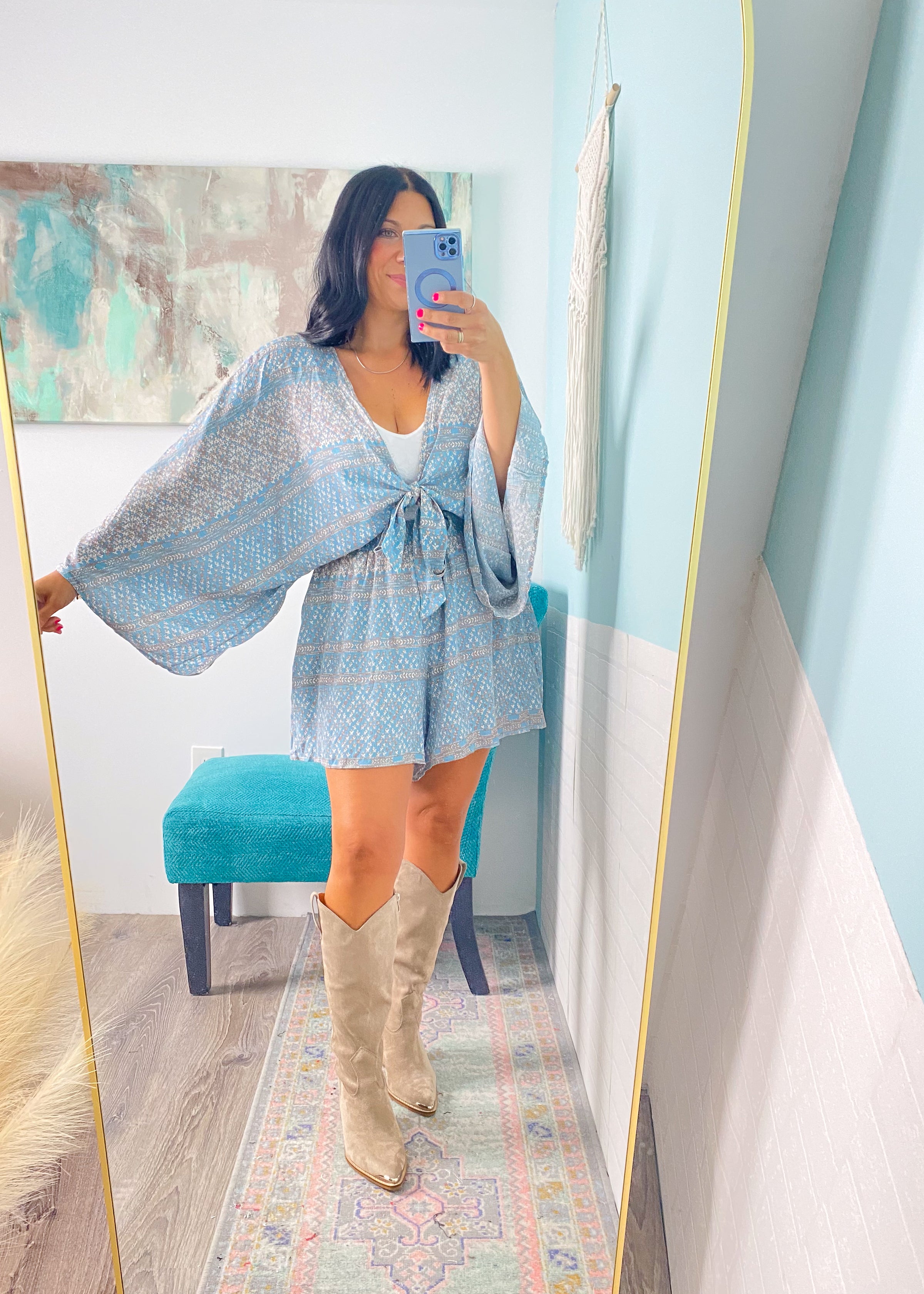 'Coastal Escape' Blue Boho Print Kimono Romper