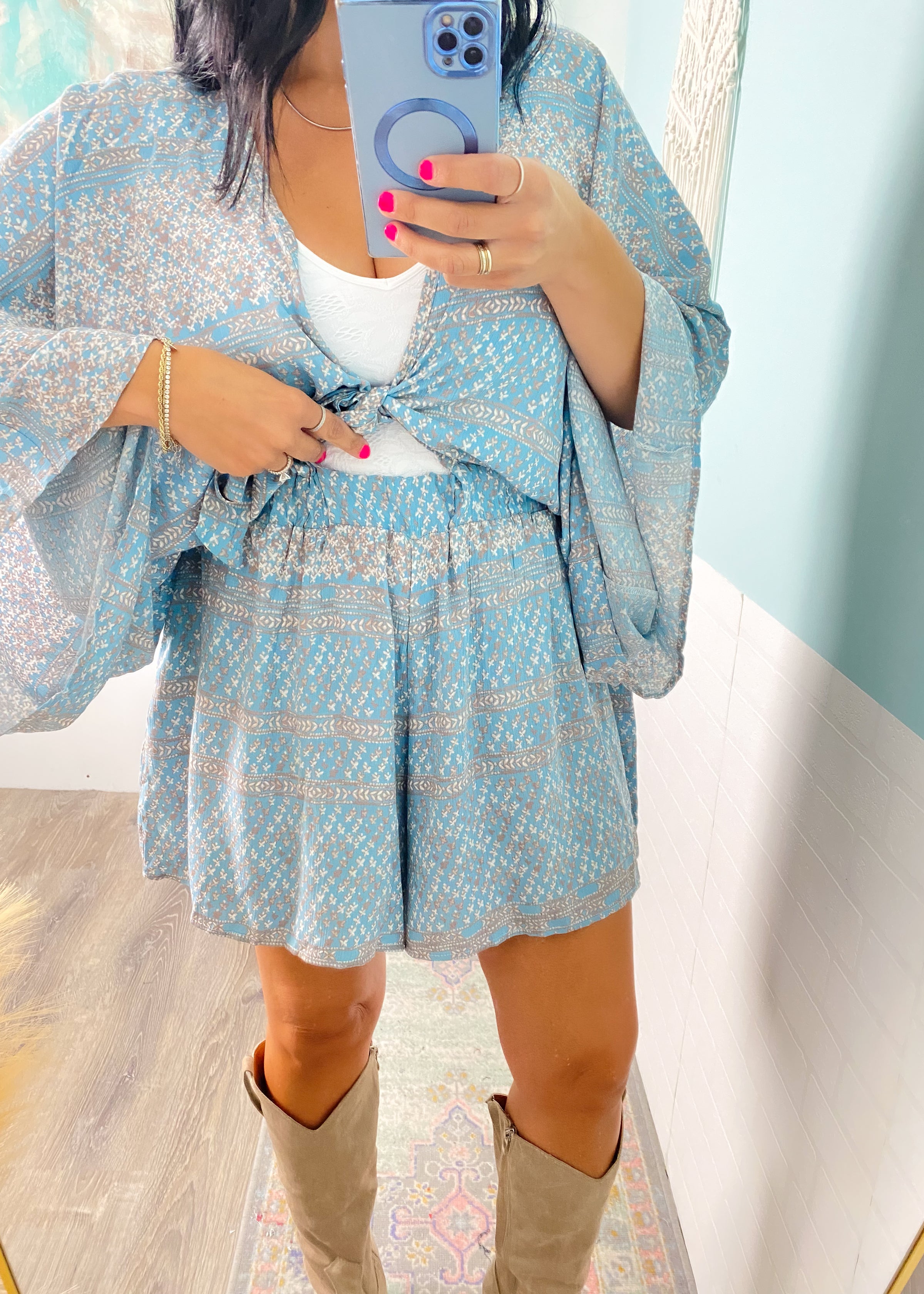 'Coastal Escape' Blue Boho Print Kimono Romper