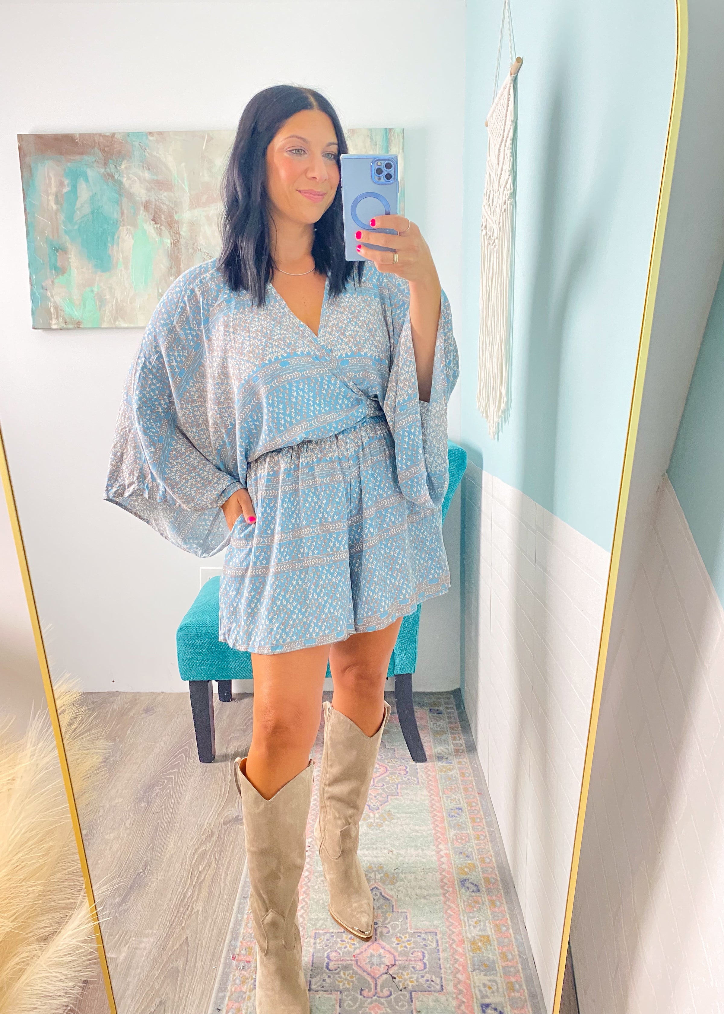'Coastal Escape' Blue Boho Print Kimono Romper
