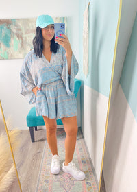'Coastal Escape' Blue Boho Print Kimono Romper