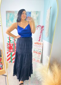 'Blue Moon' Navy Charmeuse Cowl Neck Top