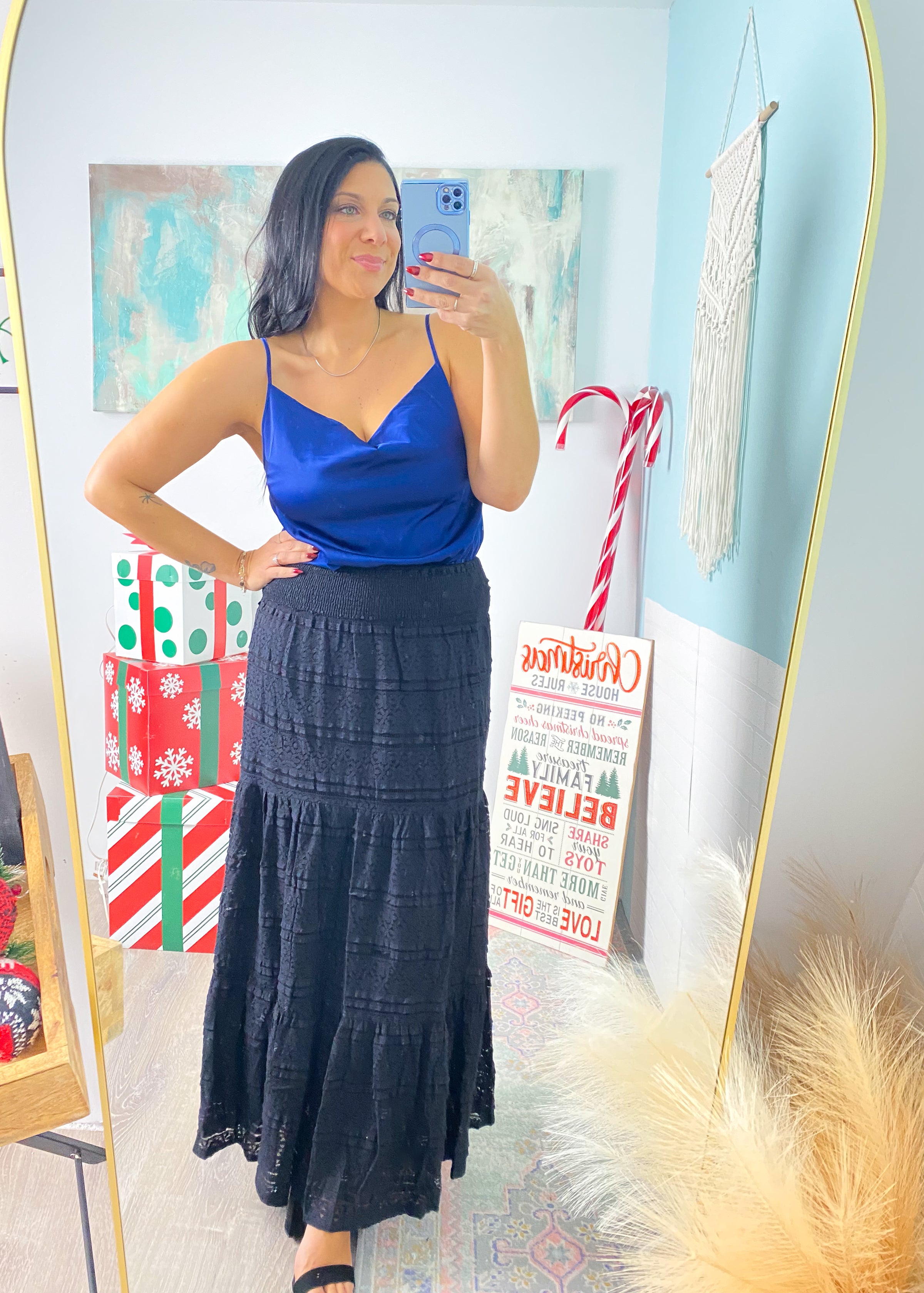 'Blue Moon' Navy Charmeuse Cowl Neck Top