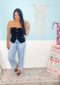 'Midnight Rose' Black Velvet Strapless Vest with Rose Buttons