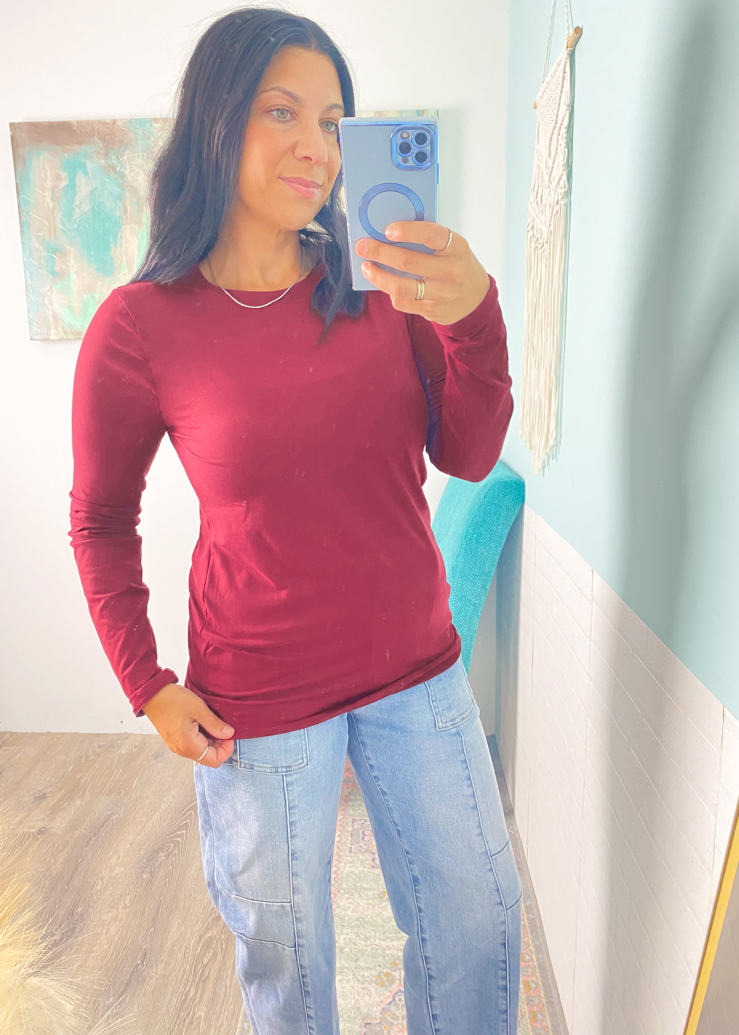 'Home Base' Deep Burgundy Black Long Sleeve Top