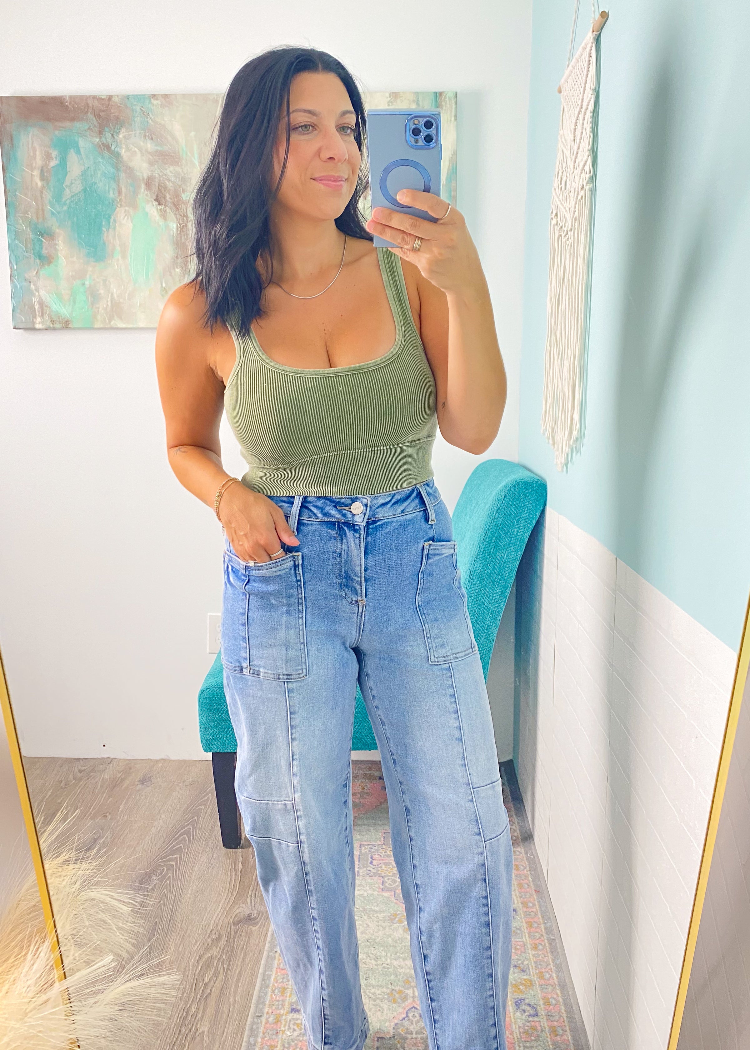Washed Ash Olive Ribbed Square Neck Bralette with Bra Pads