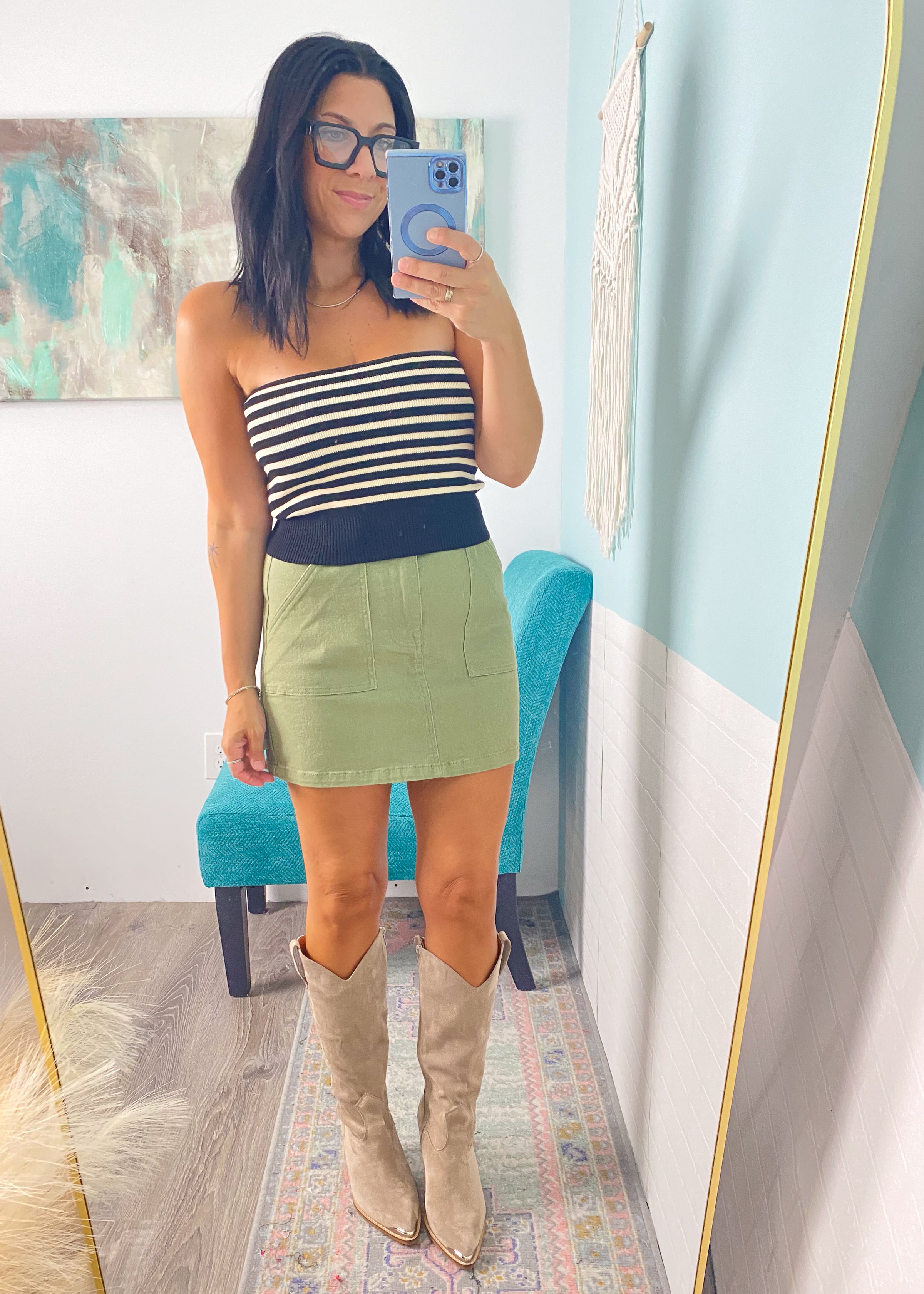 'Catalina' Olive Stretch Jean Skirt
