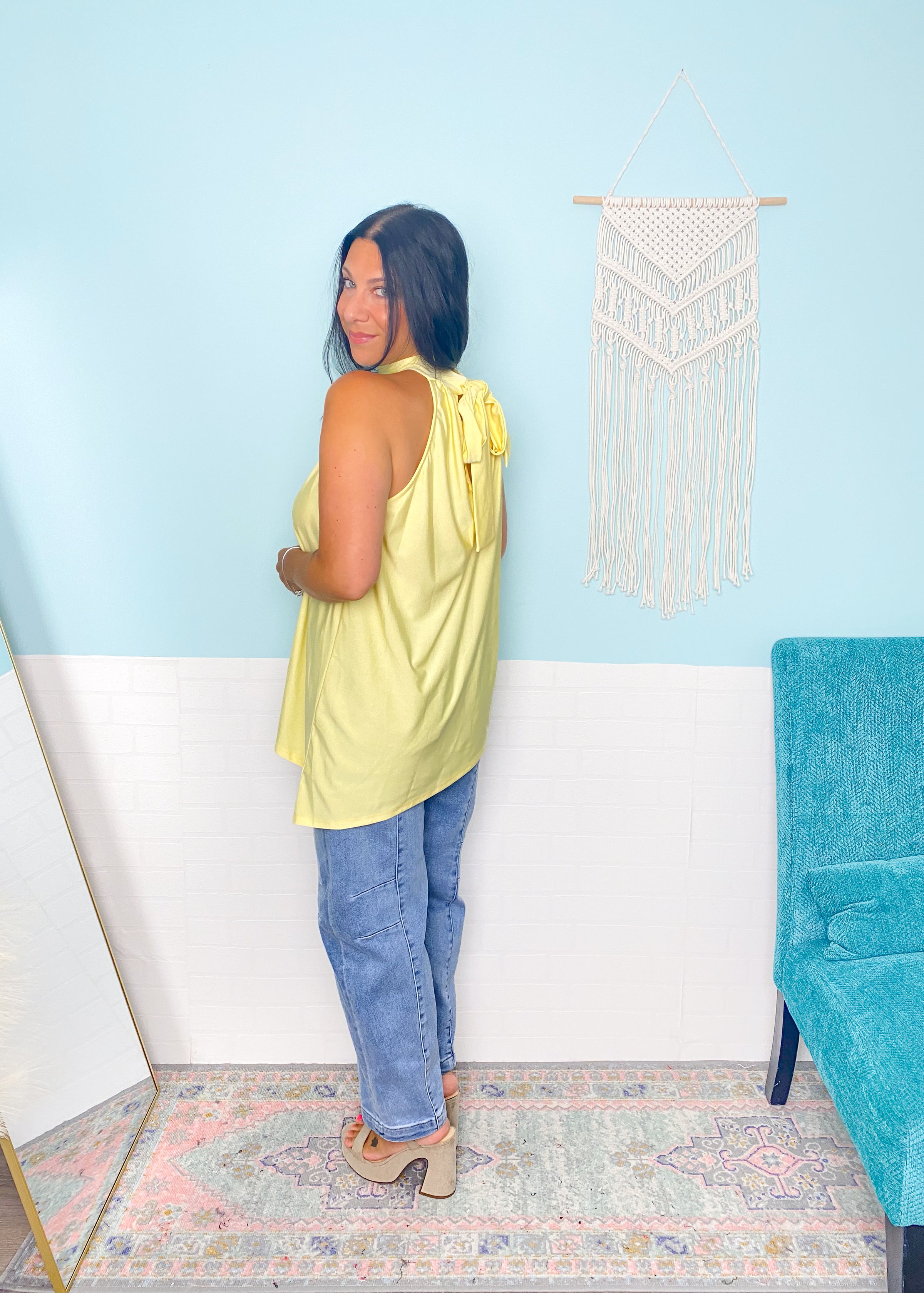 'The Afterglow' Butter Yellow Satin Asymmetric Halter Top