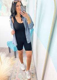 'Hey Kitten' Black Ribbed Short Catsuit Romper - Cali Moon Boutique
