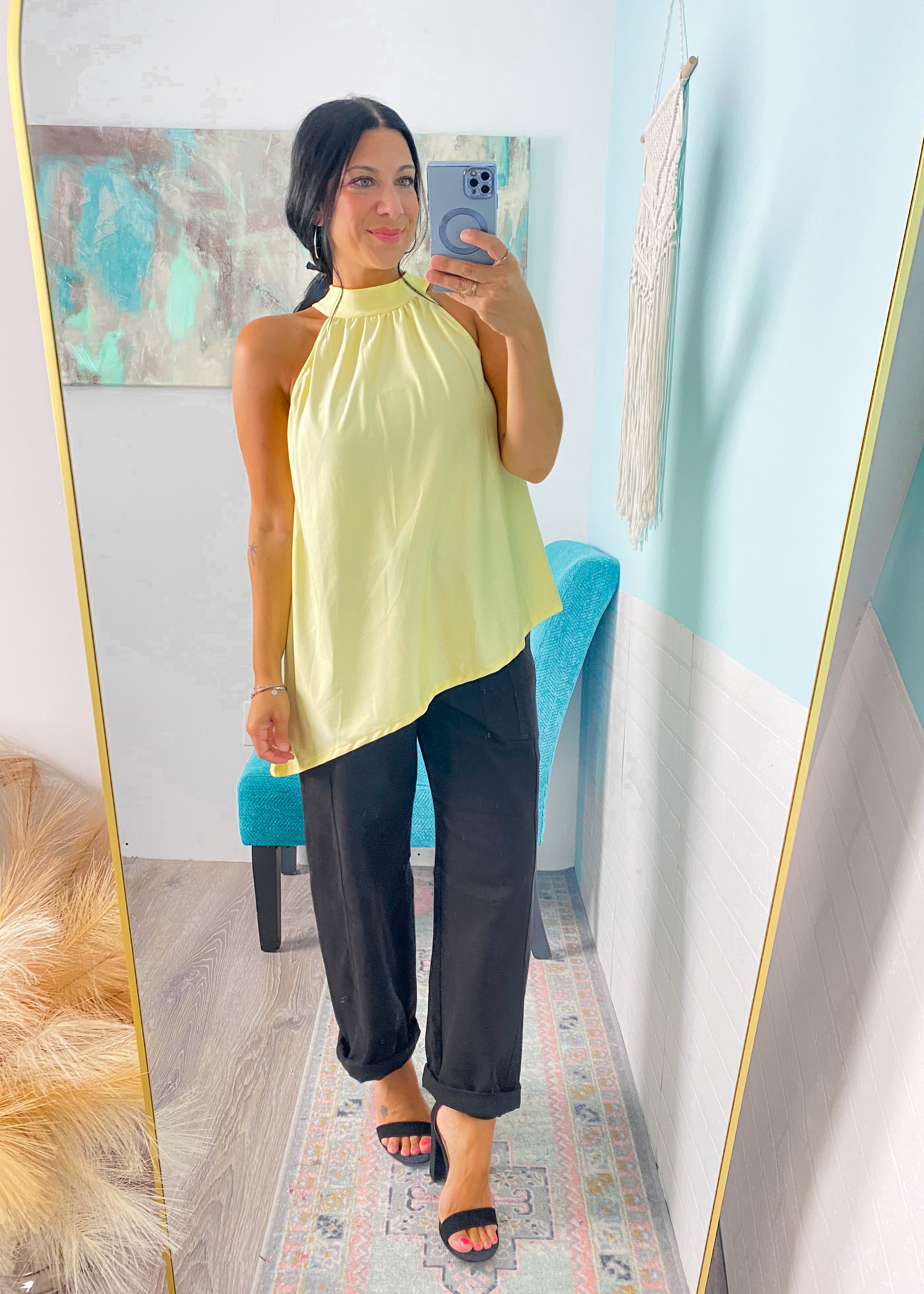 'The Afterglow' Butter Yellow Satin Asymmetric Halter Top