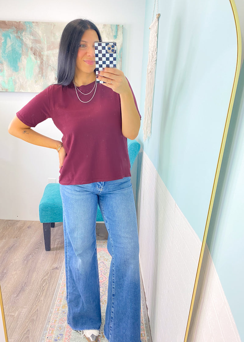 'Brielle' Plum Classic Boxy Pima Cotton Athleisure Tee-Tee shirt perfection! This classic &amp;&nbsp;simple athleisure style tee is made with pima cotton that is pigment dyed for a rich color. It features a boxy fit perfect for athleisure joggers, jeans, shorts &amp; more!&nbsp;-Cali Moon Boutique, Plainville Connecticut