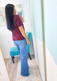'Brielle' Plum Classic Boxy Pima Cotton Athleisure Tee-Tee shirt perfection! This classic &amp;&nbsp;simple athleisure style tee is made with pima cotton that is pigment dyed for a rich color. It features a boxy fit perfect for athleisure joggers, jeans, shorts &amp; more!&nbsp;-Cali Moon Boutique, Plainville Connecticut