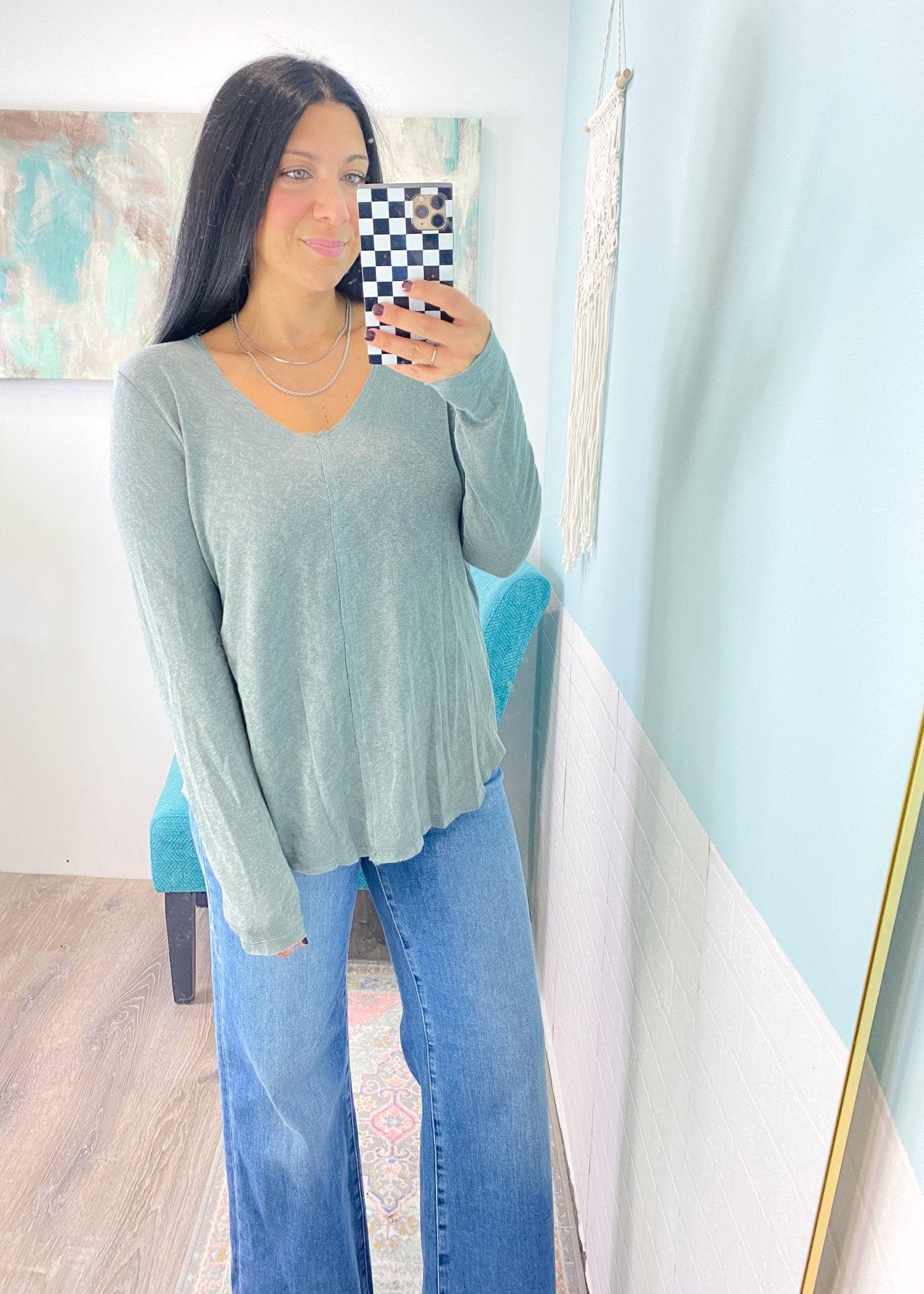 'Kaley' Sage V - Neck Long Sleeve Slub Tee - Cali Moon Boutique