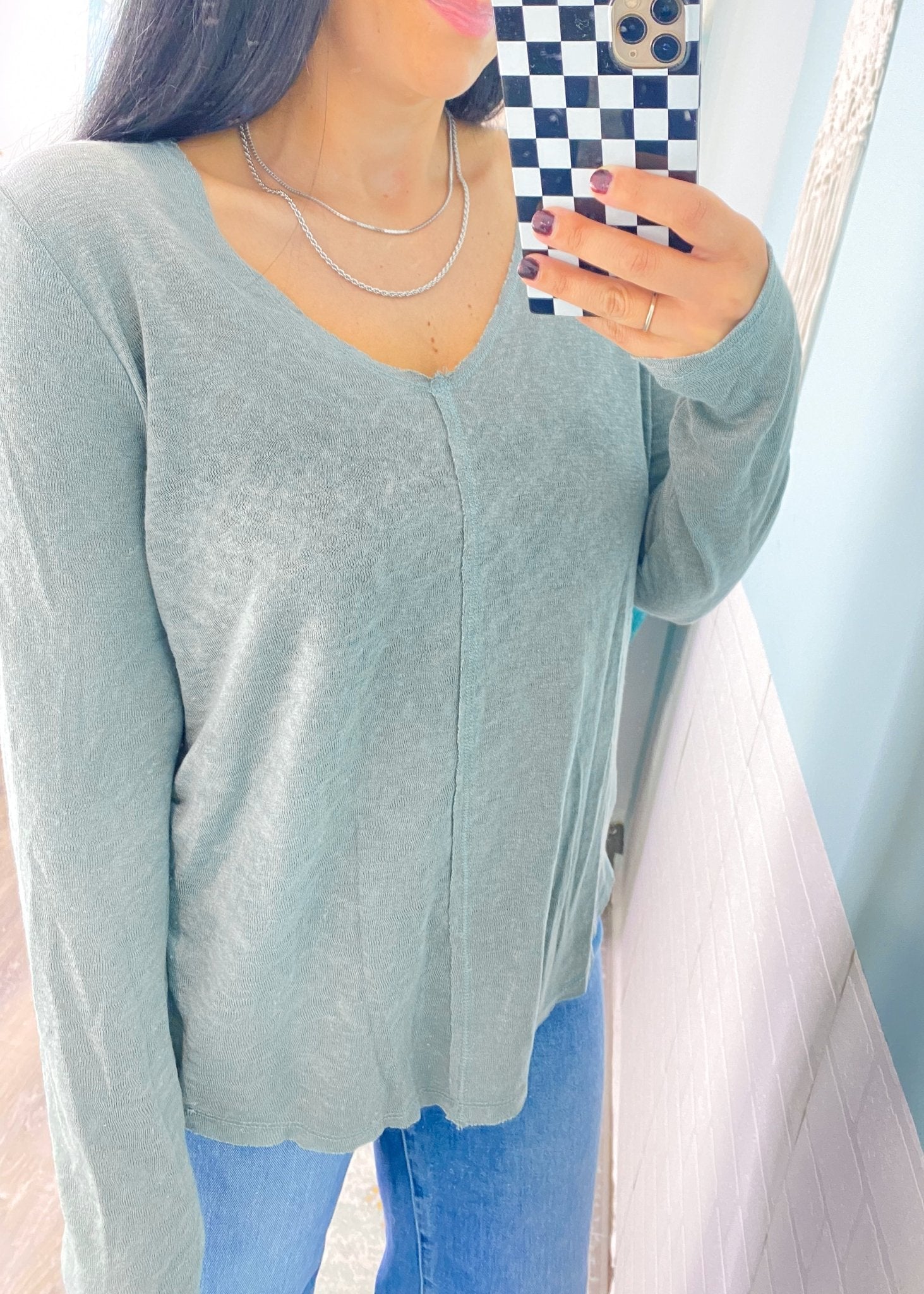 'Kaley' Sage V - Neck Long Sleeve Slub Tee - Cali Moon Boutique