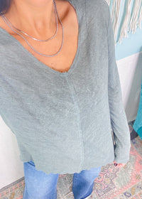'Kaley' Sage V - Neck Long Sleeve Slub Tee - Cali Moon Boutique